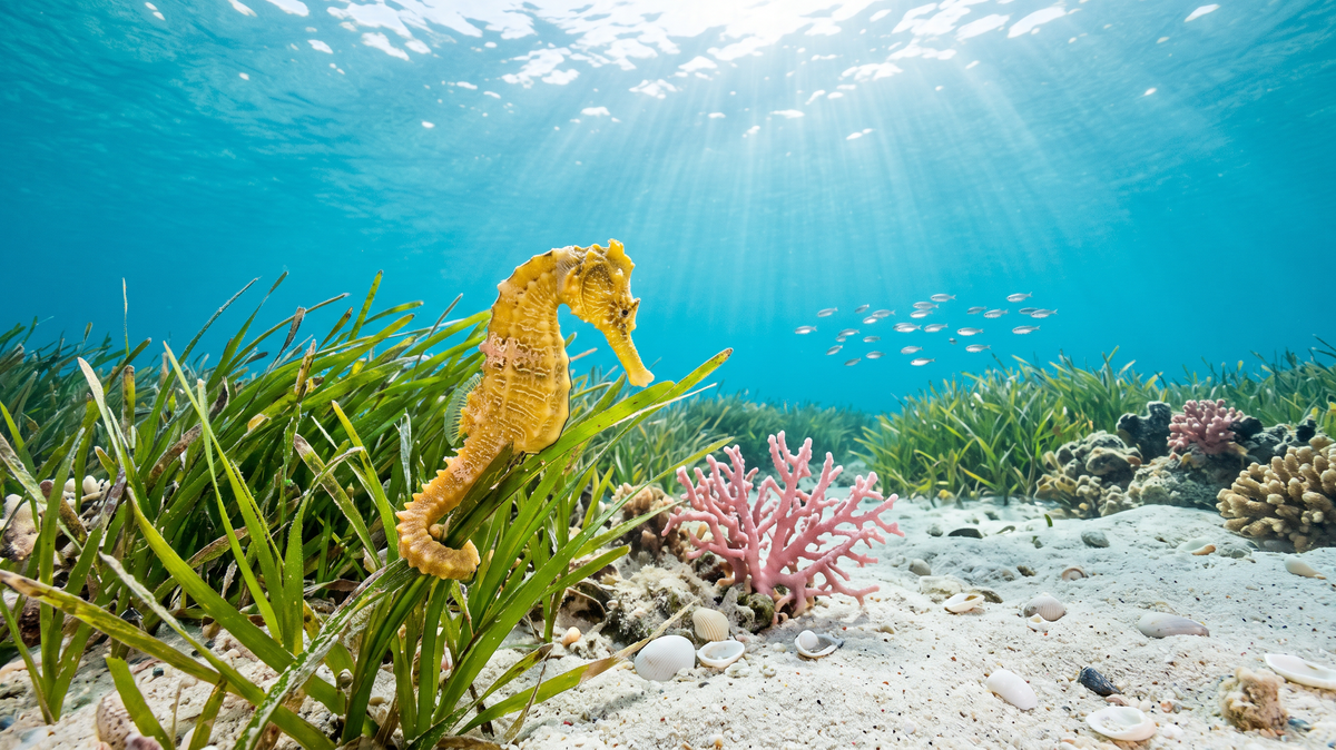 Golden seahorse among sea grass in clear turquoise Mediterranean water