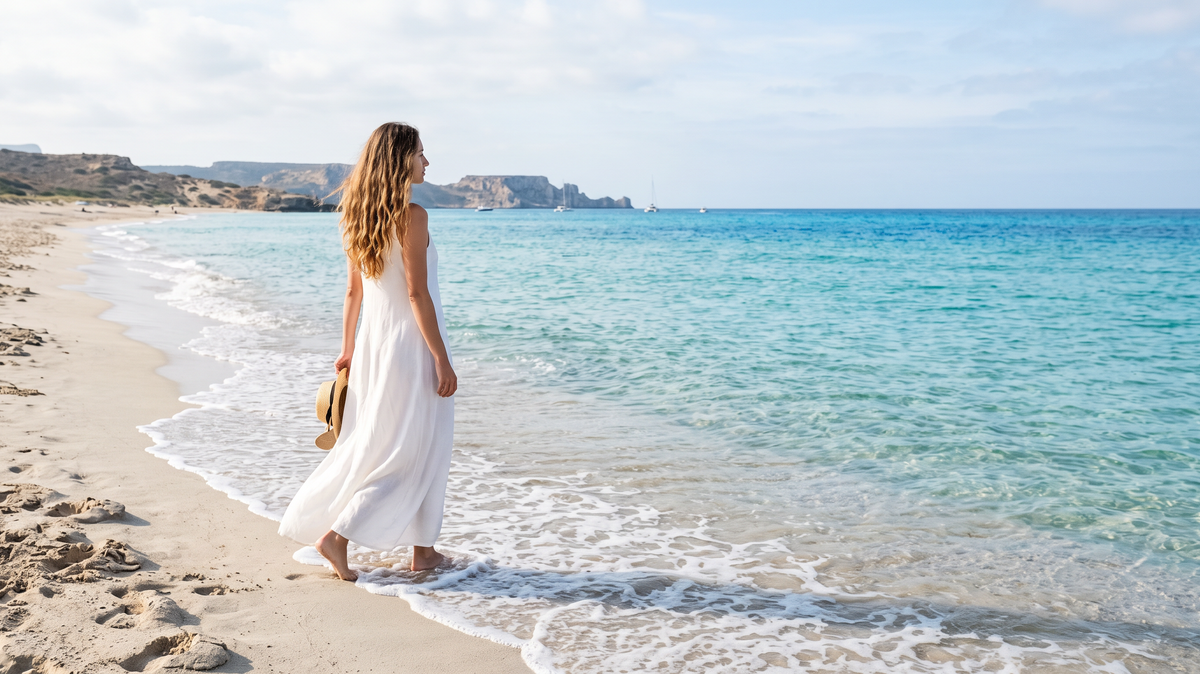 Woman in a flowing white linen dress walking through white sea foam on a Mediterranean beach
