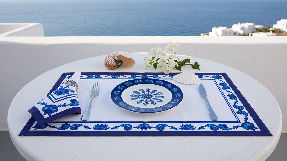 Seamona Blue Blanc place setting with seahorse and nautilus porcelain plate on a white Cycladic terrace by the sea