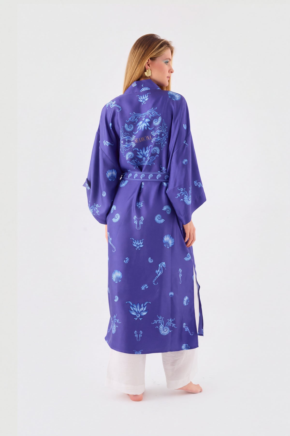 Blue Blanc navy silk kimono with seahorse print, view 3