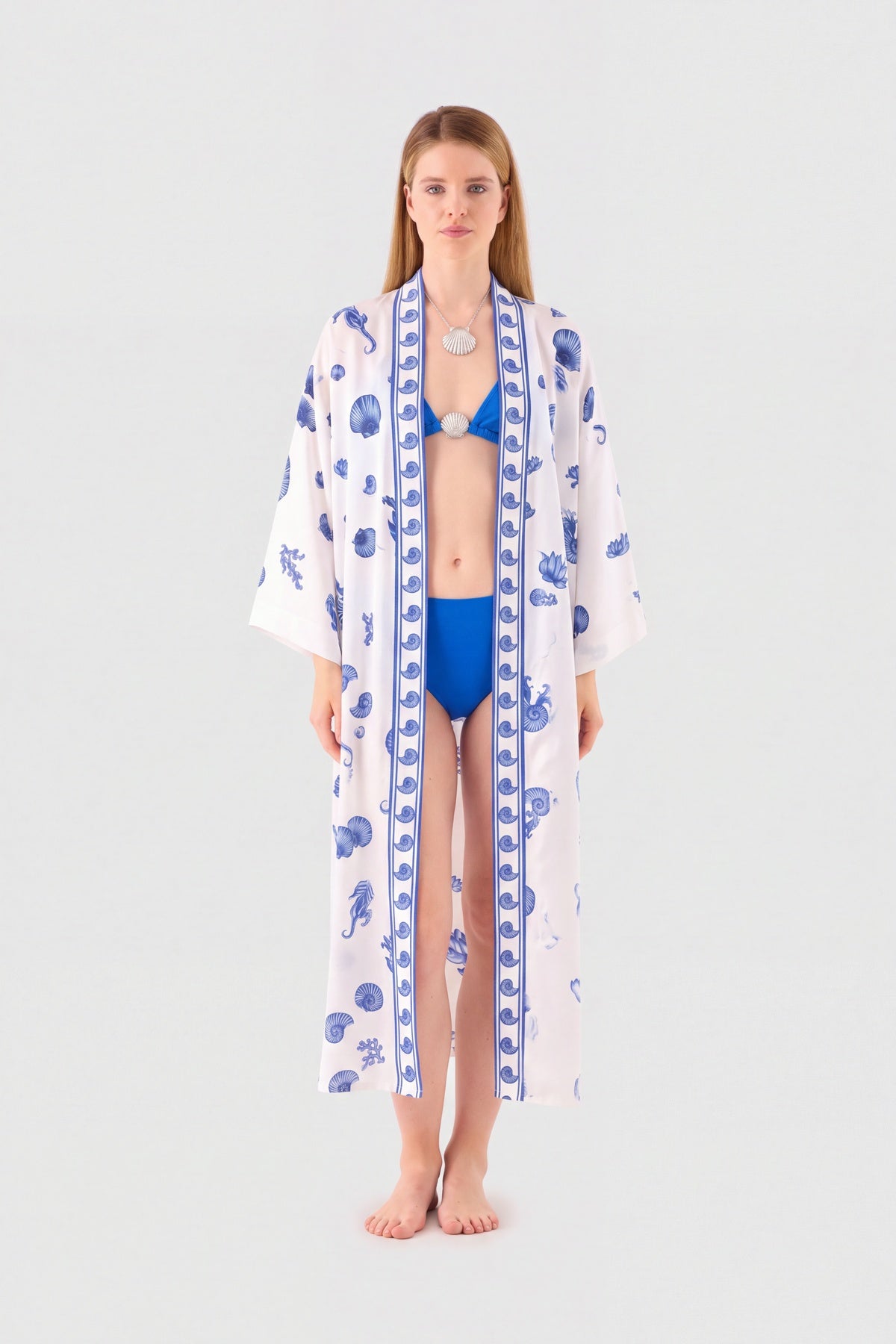 Blue Blanc white silk kimono with blue seahorse print, view 2