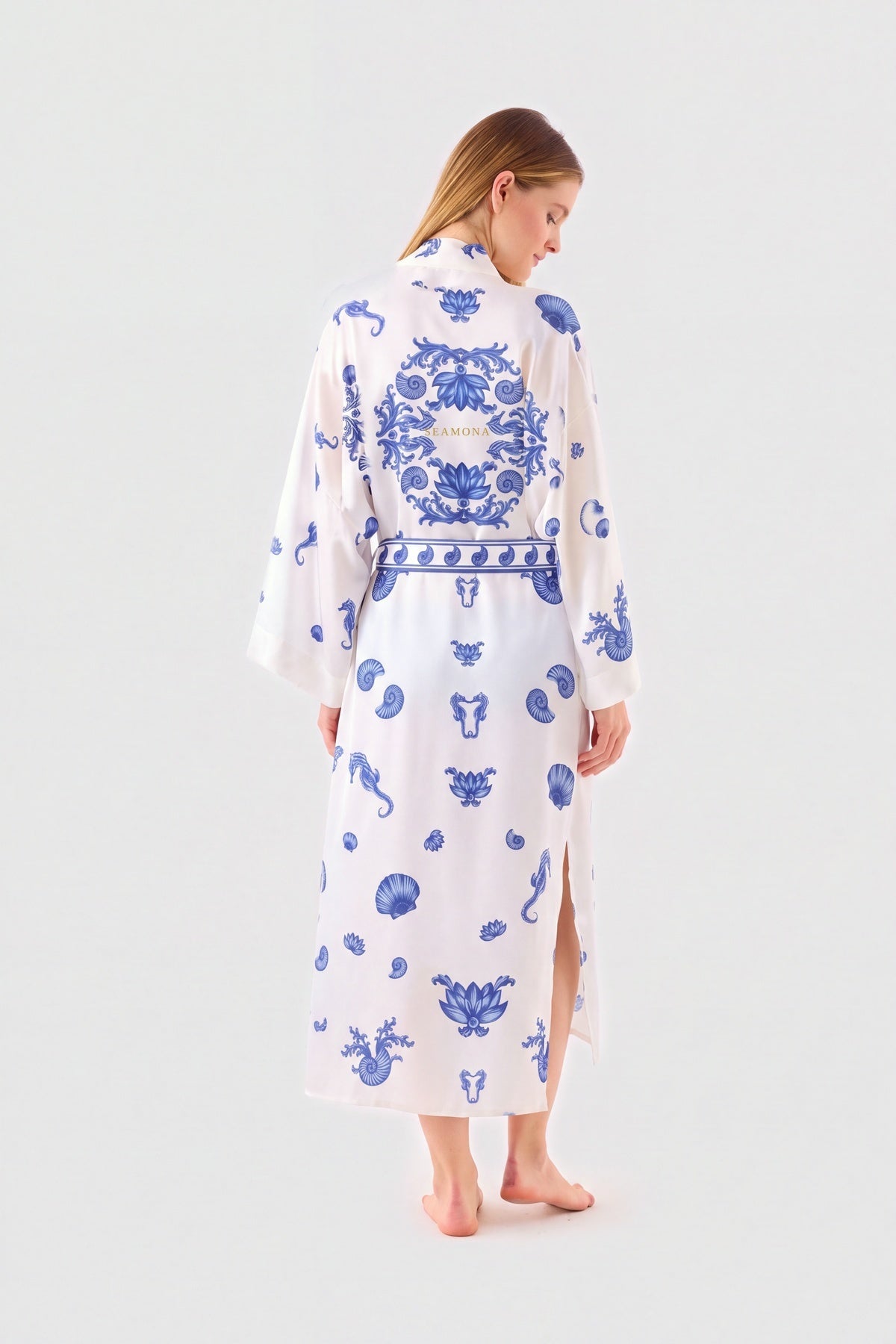 Blue Blanc white silk kimono with blue seahorse print, view 3