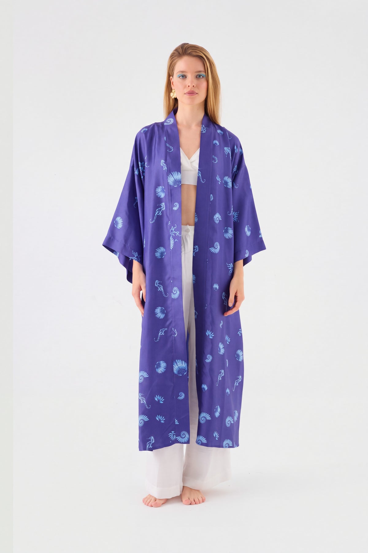 Blue Blanc navy silk kimono with seahorse print, view 5