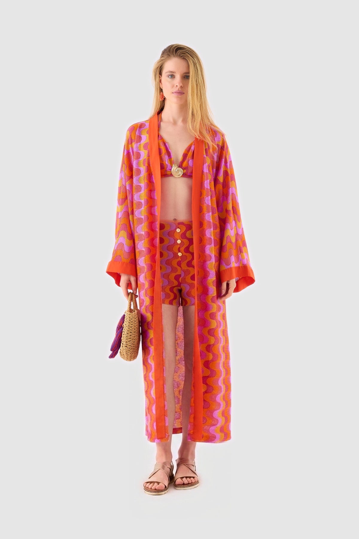 Coral Candy wave print kimono, crop top and shorts set, front view