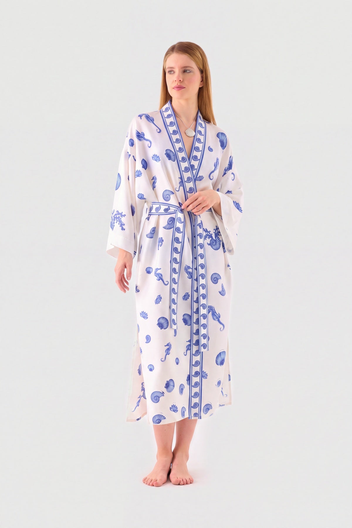 Blue Blanc white silk kimono with blue seahorse print, view 4
