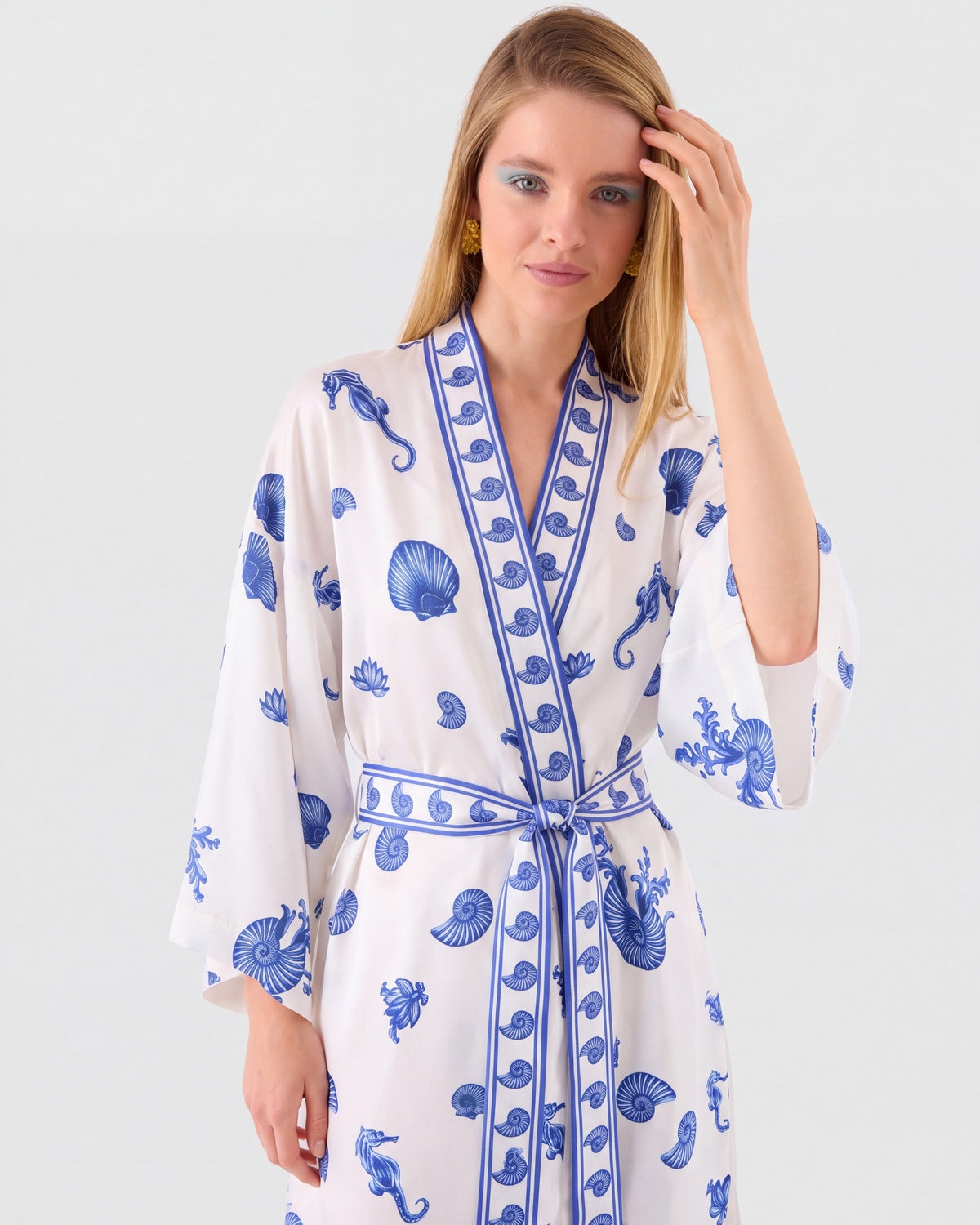 Blue Blanc white silk kimono with blue seahorse print, view 5