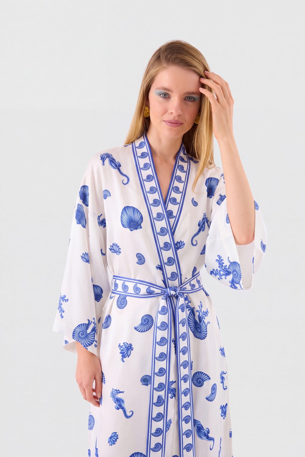 Blue Blanc white silk kimono with blue seahorse print, view 5
