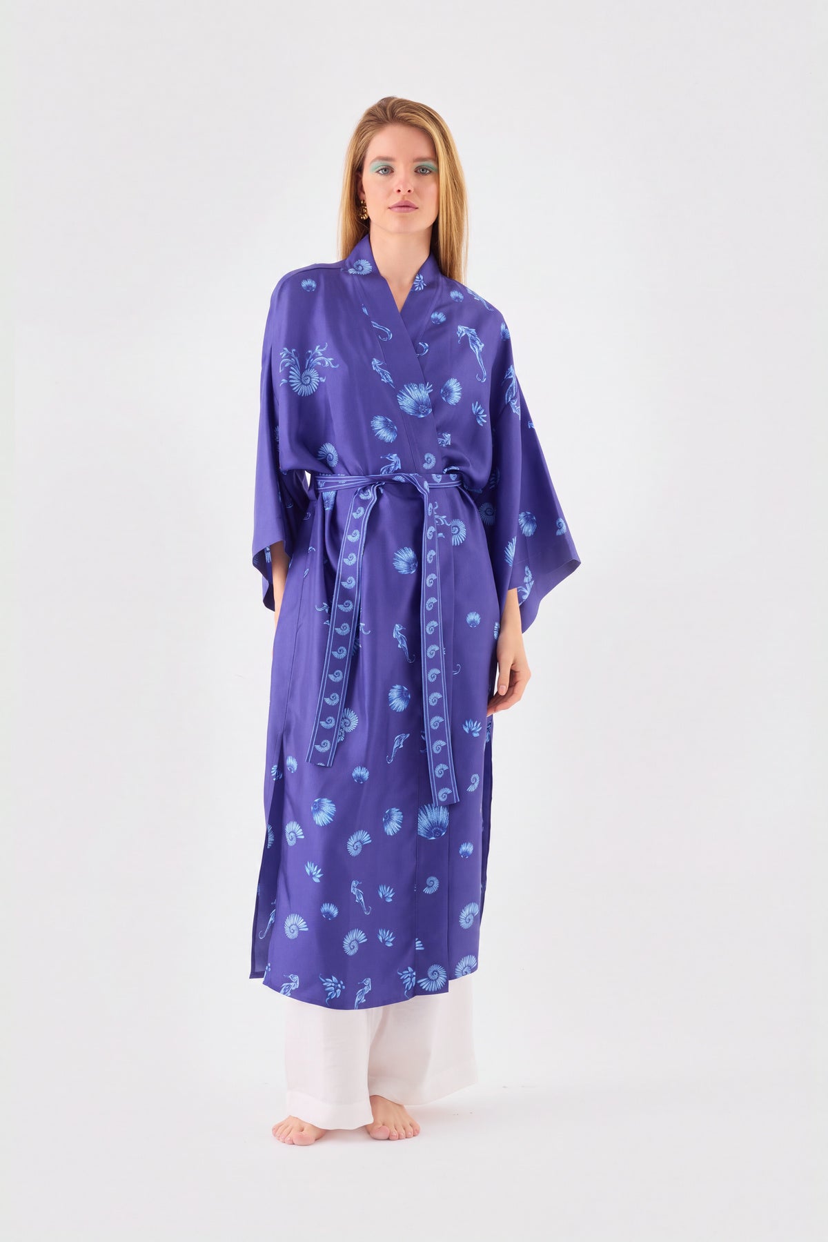 Blue Blanc navy silk kimono with seahorse print, view 4