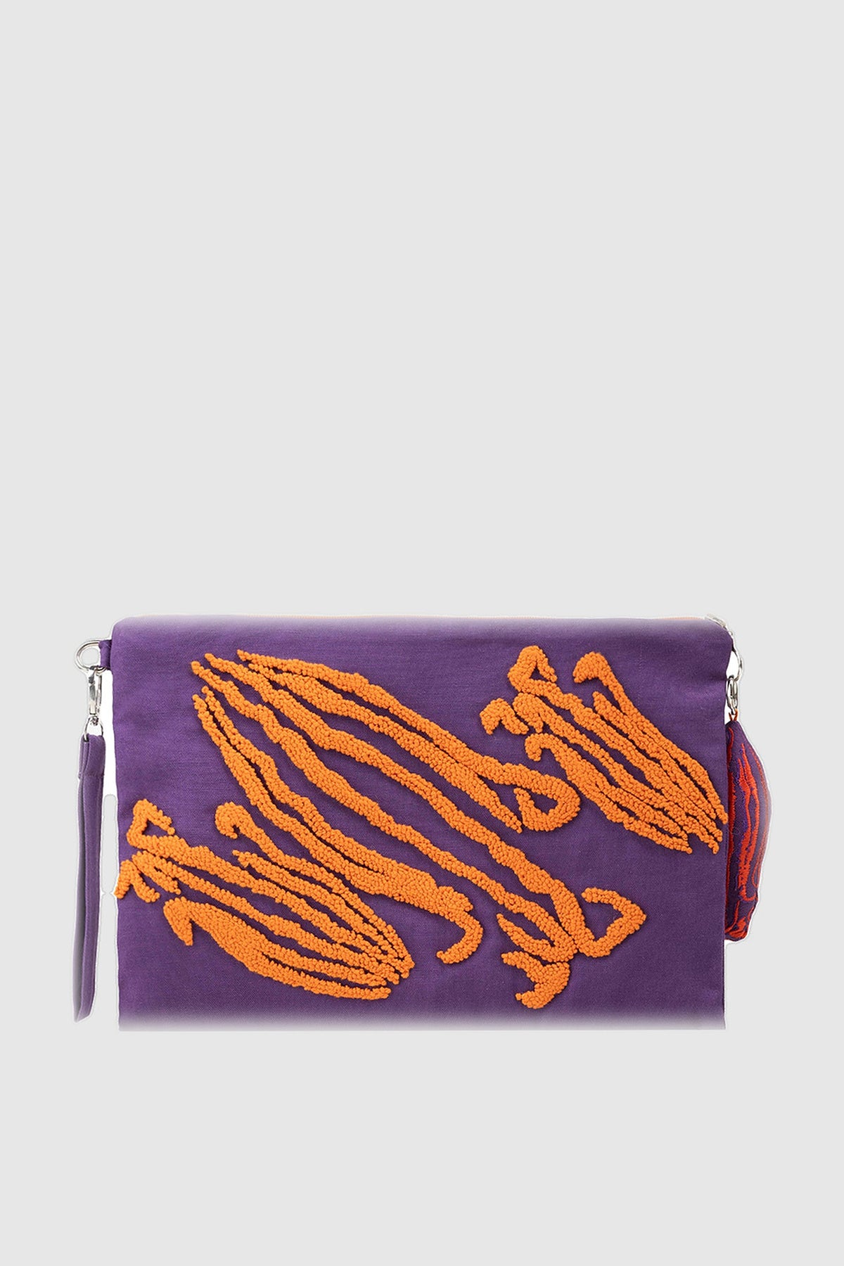 Coral Candy burgundy woven clutch with orange seahorse embroidery, front view