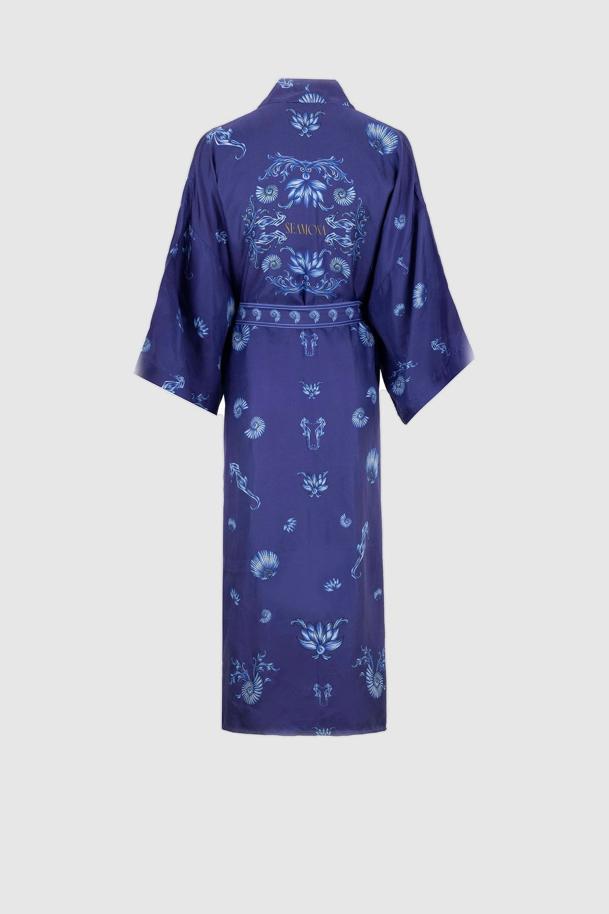 Blue Blanc navy silk kimono with seahorse print, view 7