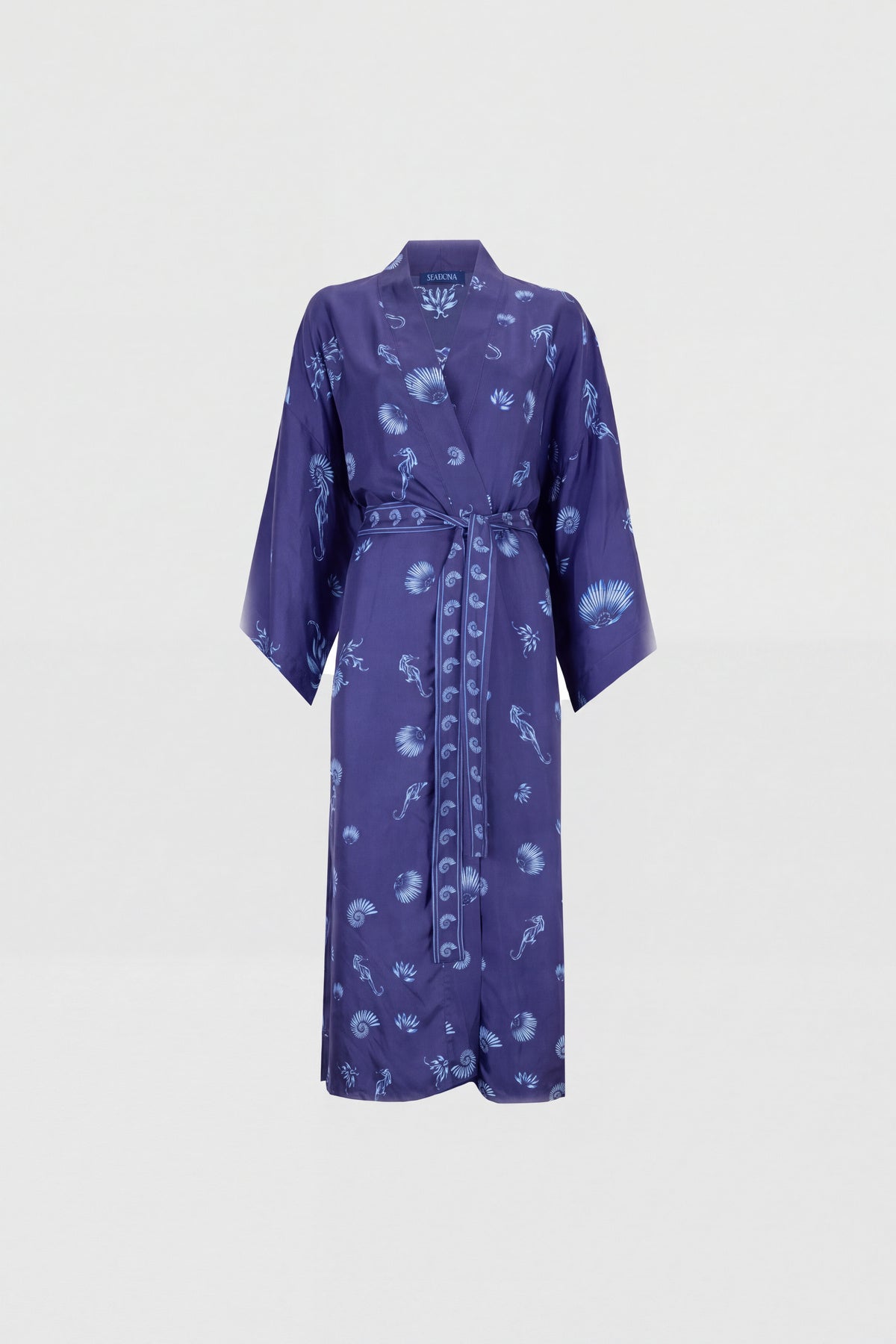 Blue Blanc navy silk kimono with seahorse print, view 8