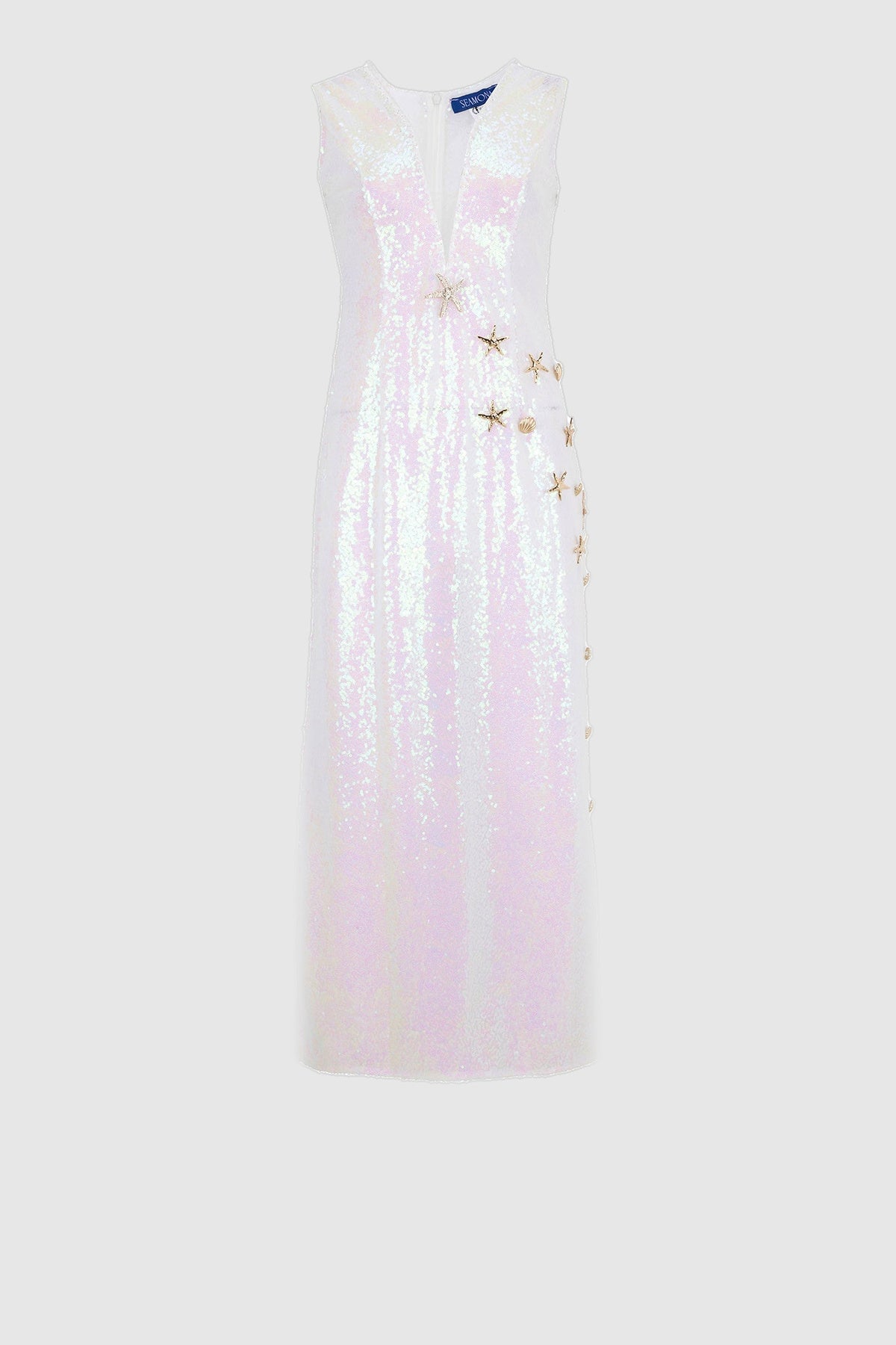 White sheer knit mermaid maxi beach dress, front view