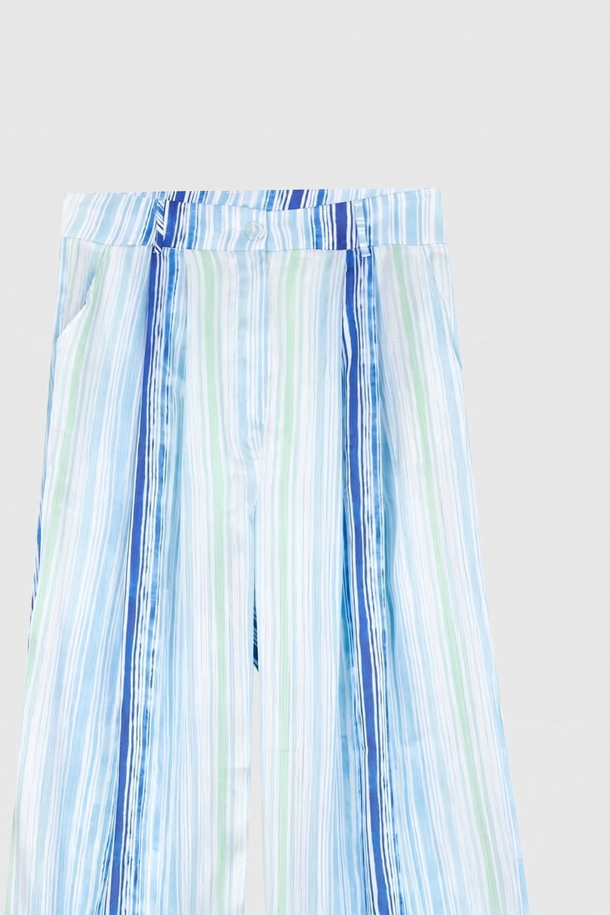 Turquoise pinstripe kimono set with bralette and wide-leg pants, view 8
