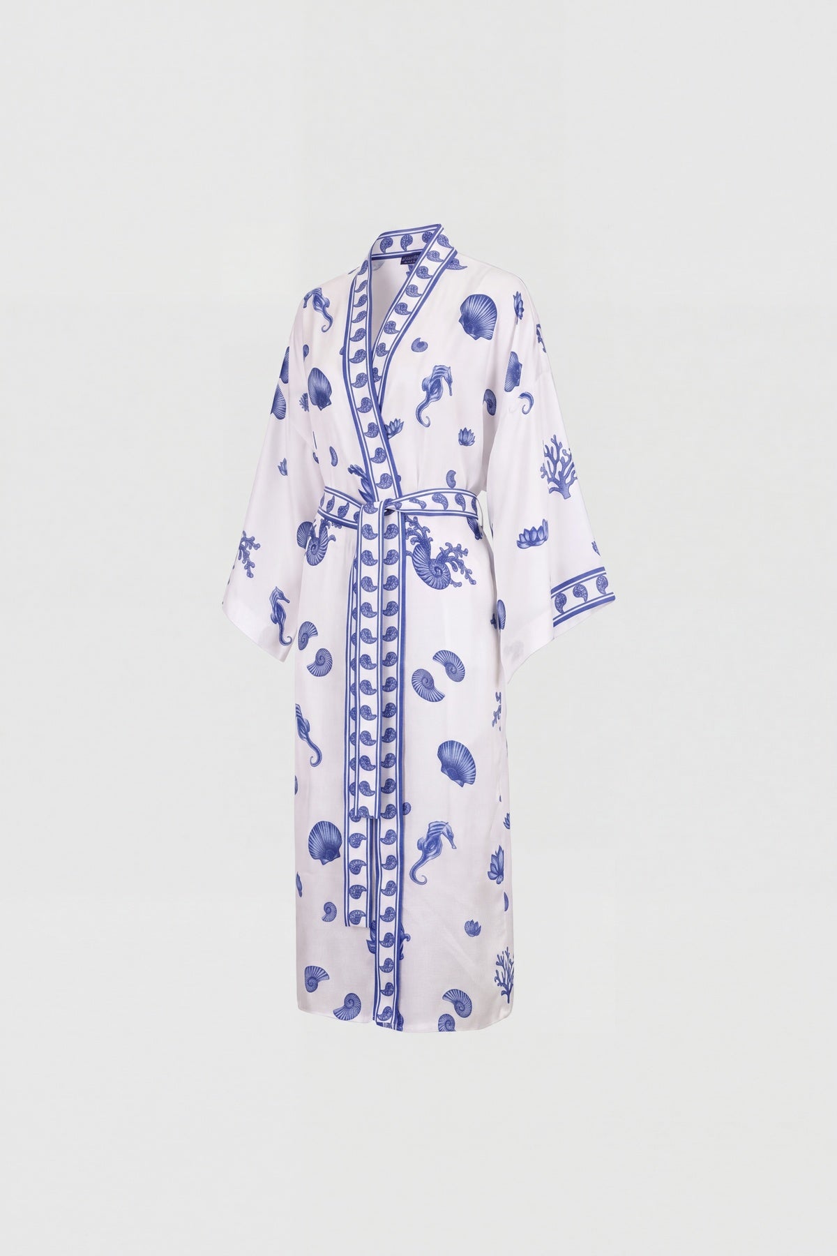 Blue Blanc white silk kimono with blue seahorse print, view 6