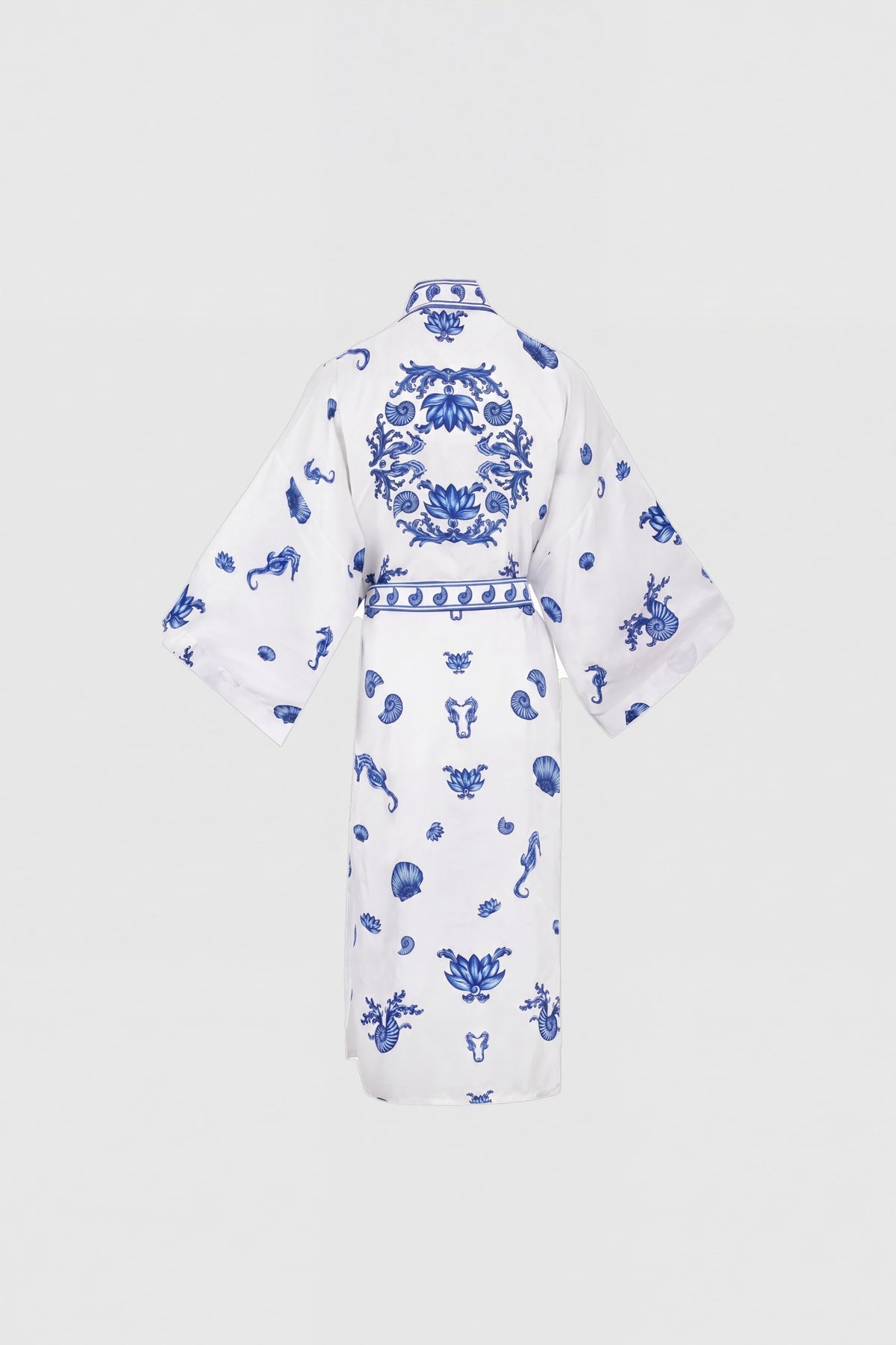 Blue Blanc white silk kimono with blue seahorse print, view 7