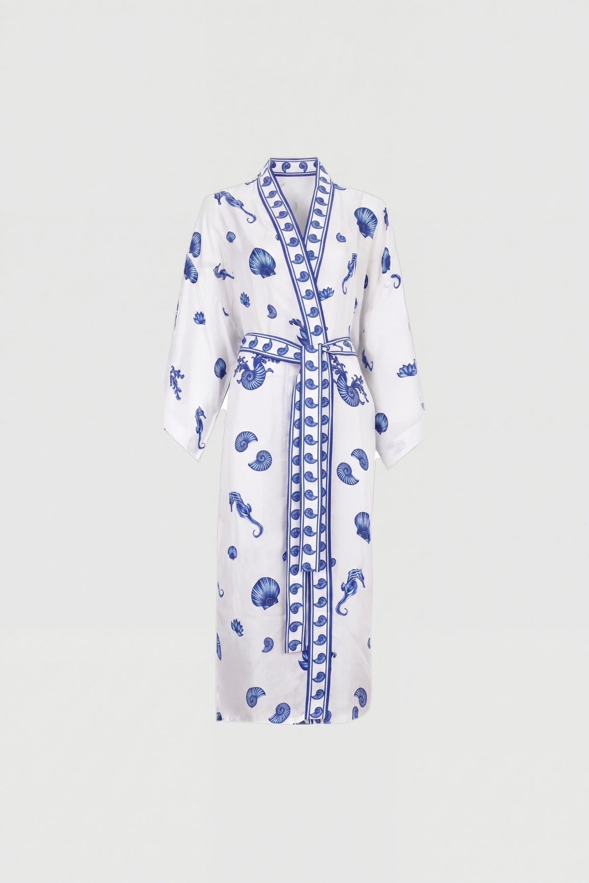 Blue Blanc white silk kimono with blue seahorse print, view 8