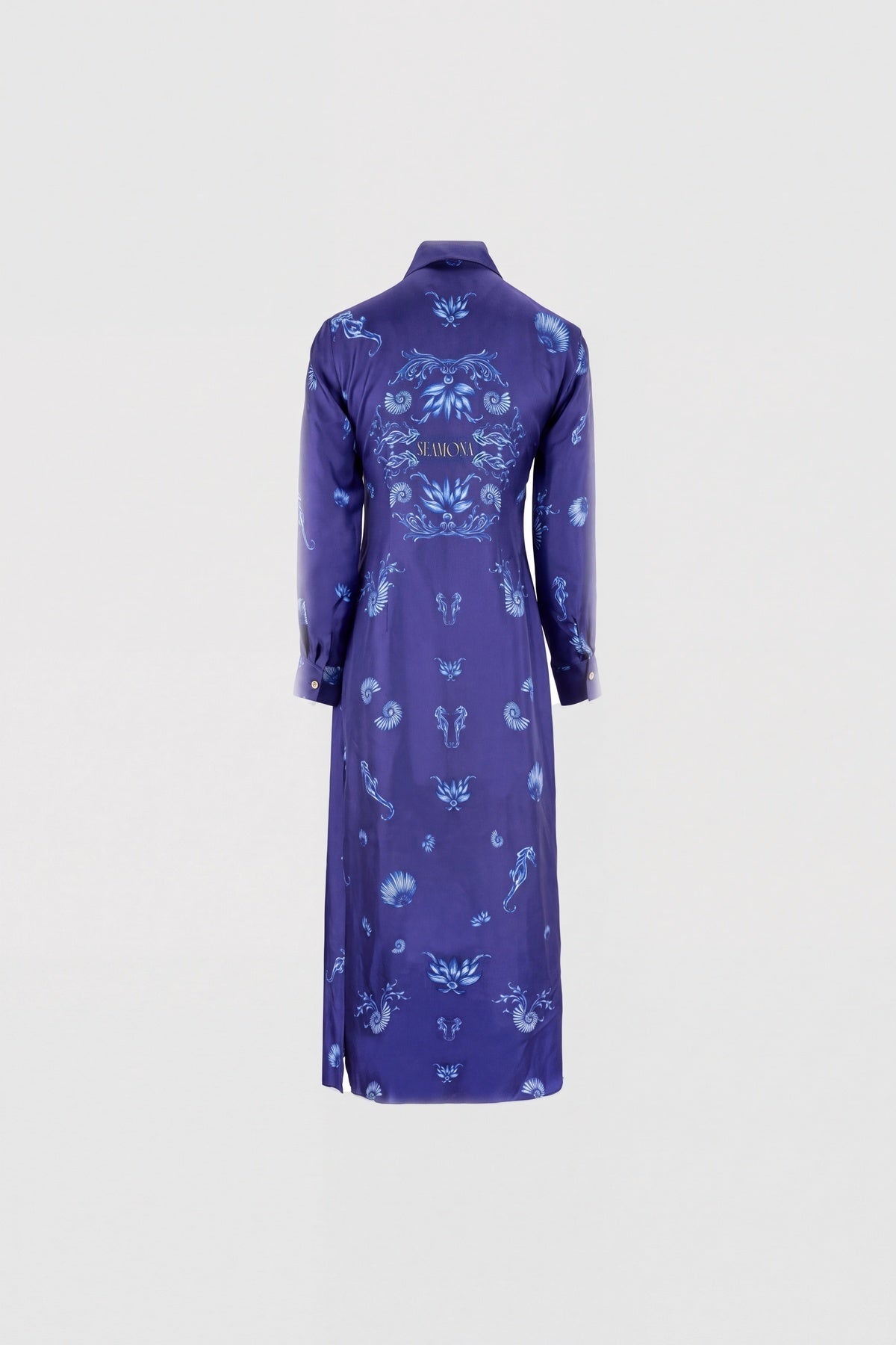 Blue Blanc navy silk shirt dress with seahorse print, view 8