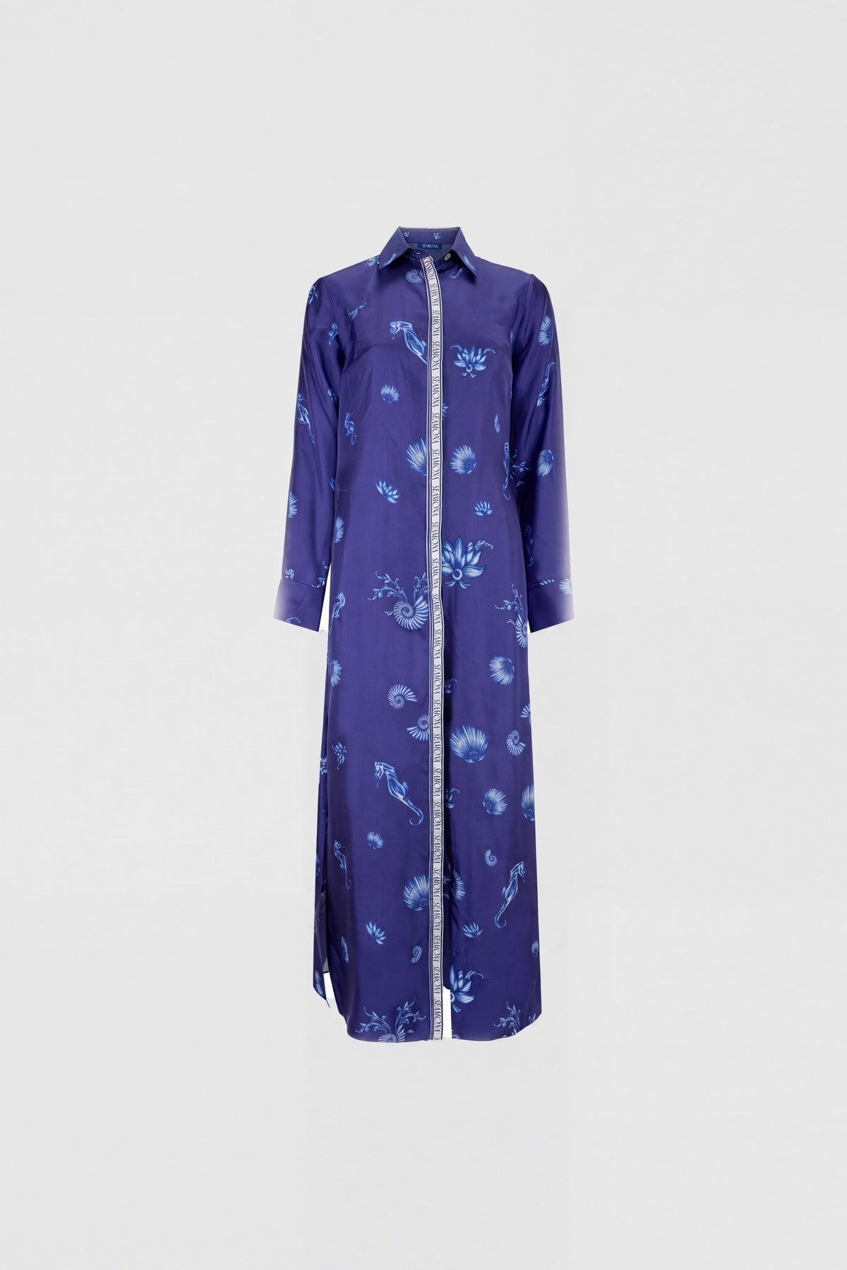 Blue Blanc navy silk shirt dress with seahorse print, view 9