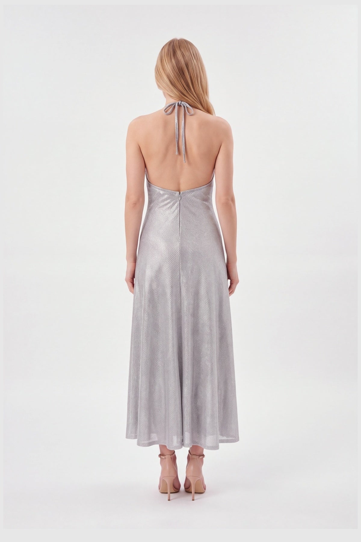Silver metallic halter night dress with open back, view 4