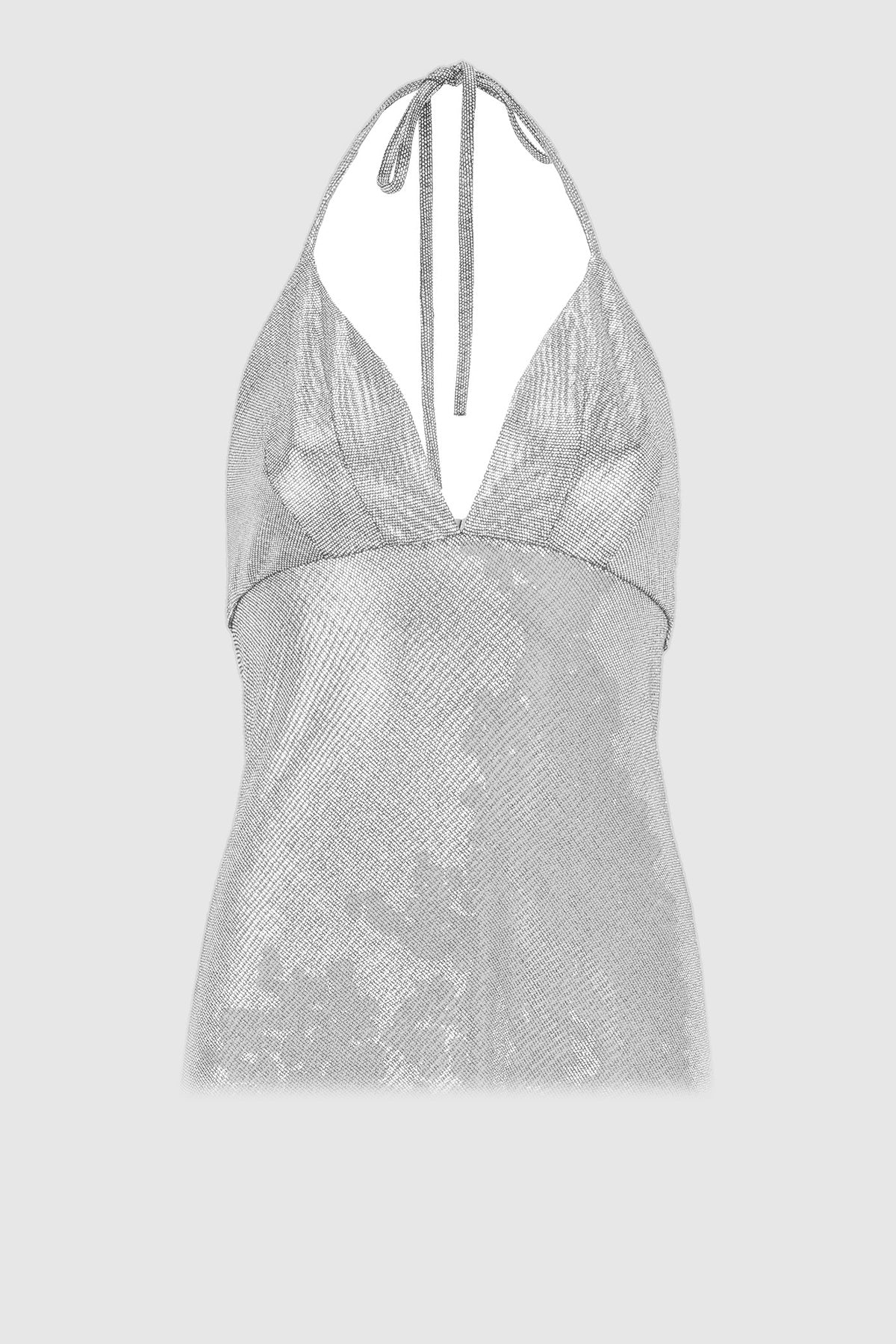 Silver metallic halter night dress with open back, view 3