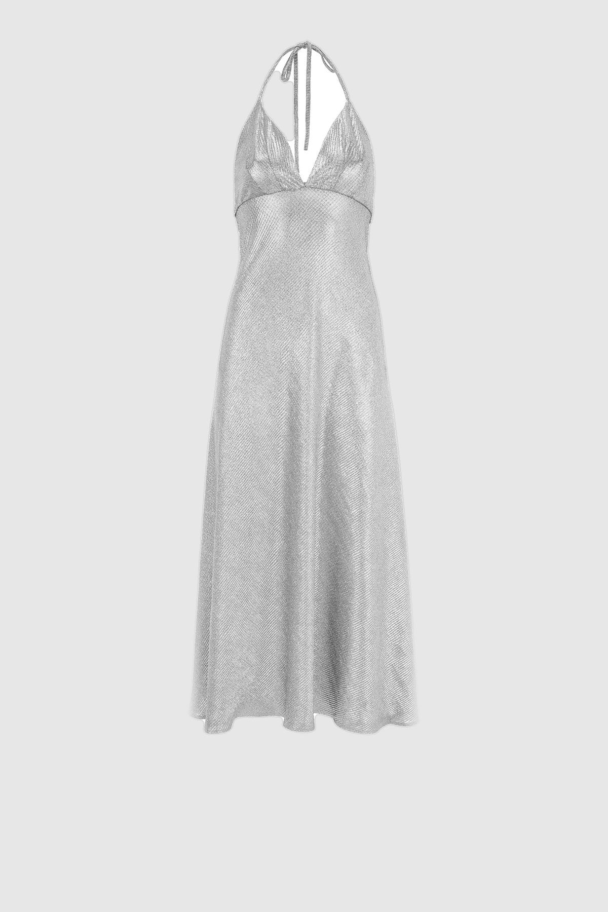 Silver metallic halter night dress with open back, front view