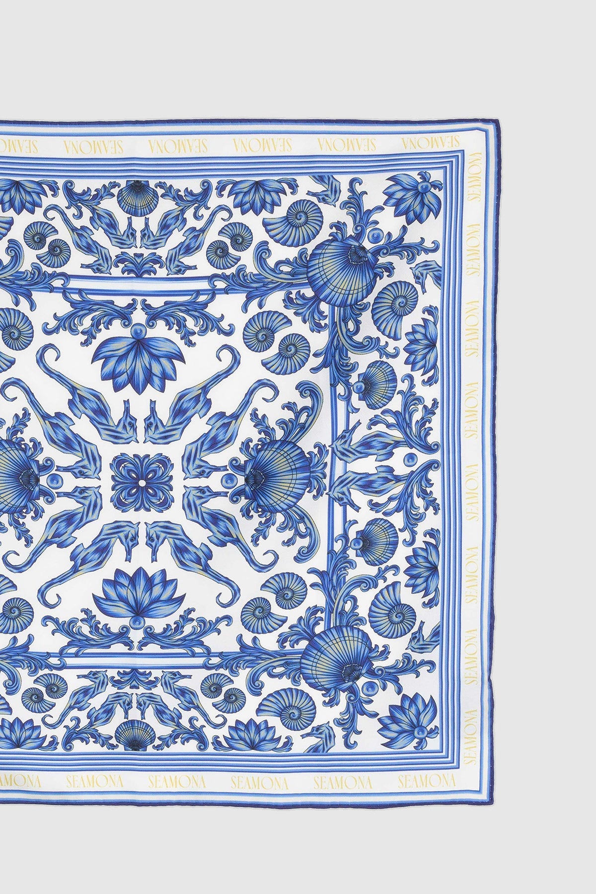 Royal Blue Blanc white silk scarf with cobalt tile print and gold detail, view 2