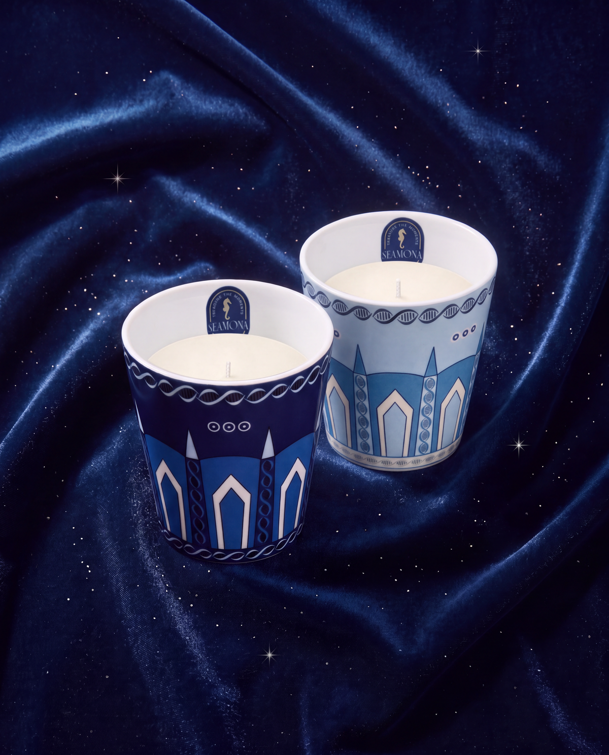 Space Sparkle navy and ice blue porcelain candle vases, view 2