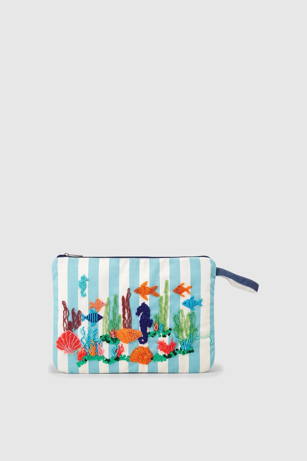 Natural Art Pieces turquoise striped clutch with punched tropical fish, front view
