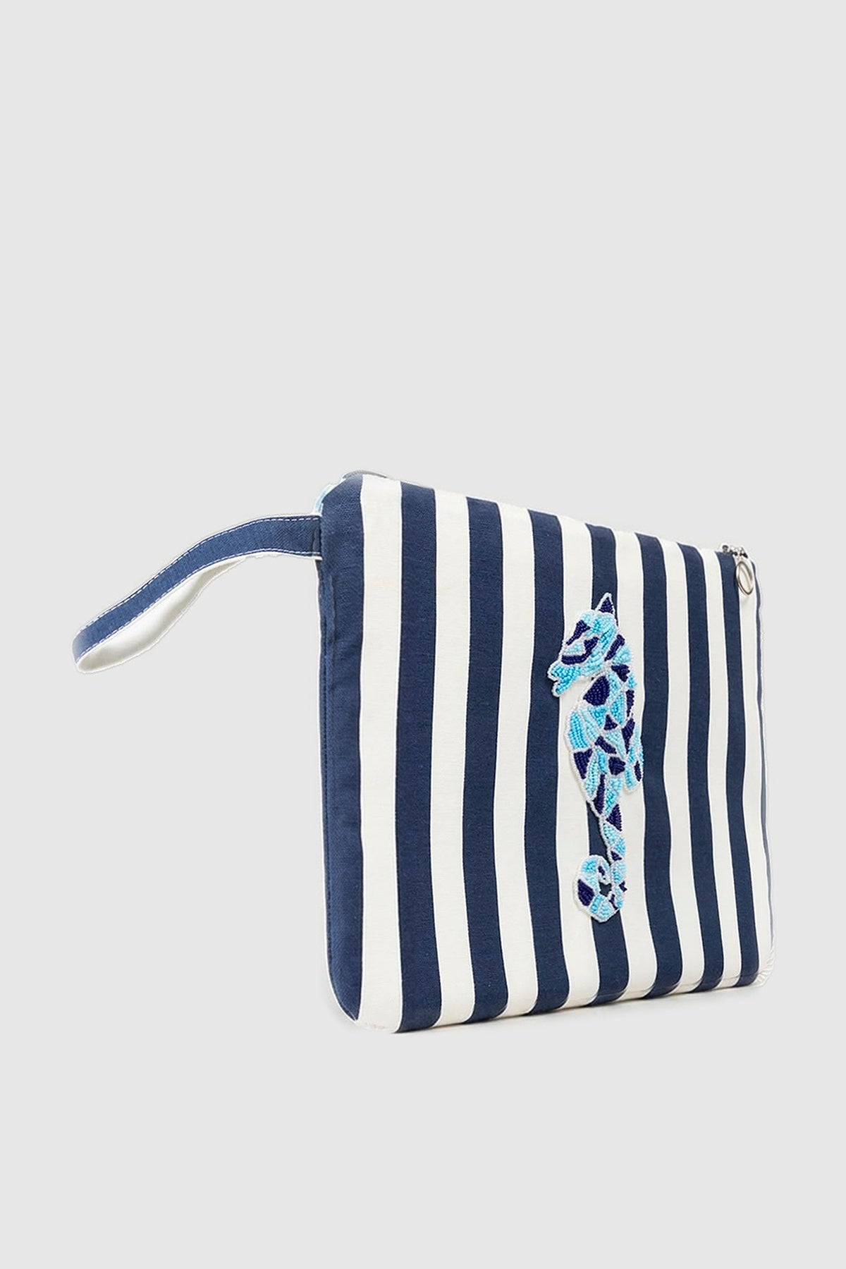 Natural Art Pieces navy striped clutch with punched seahorse, view 4