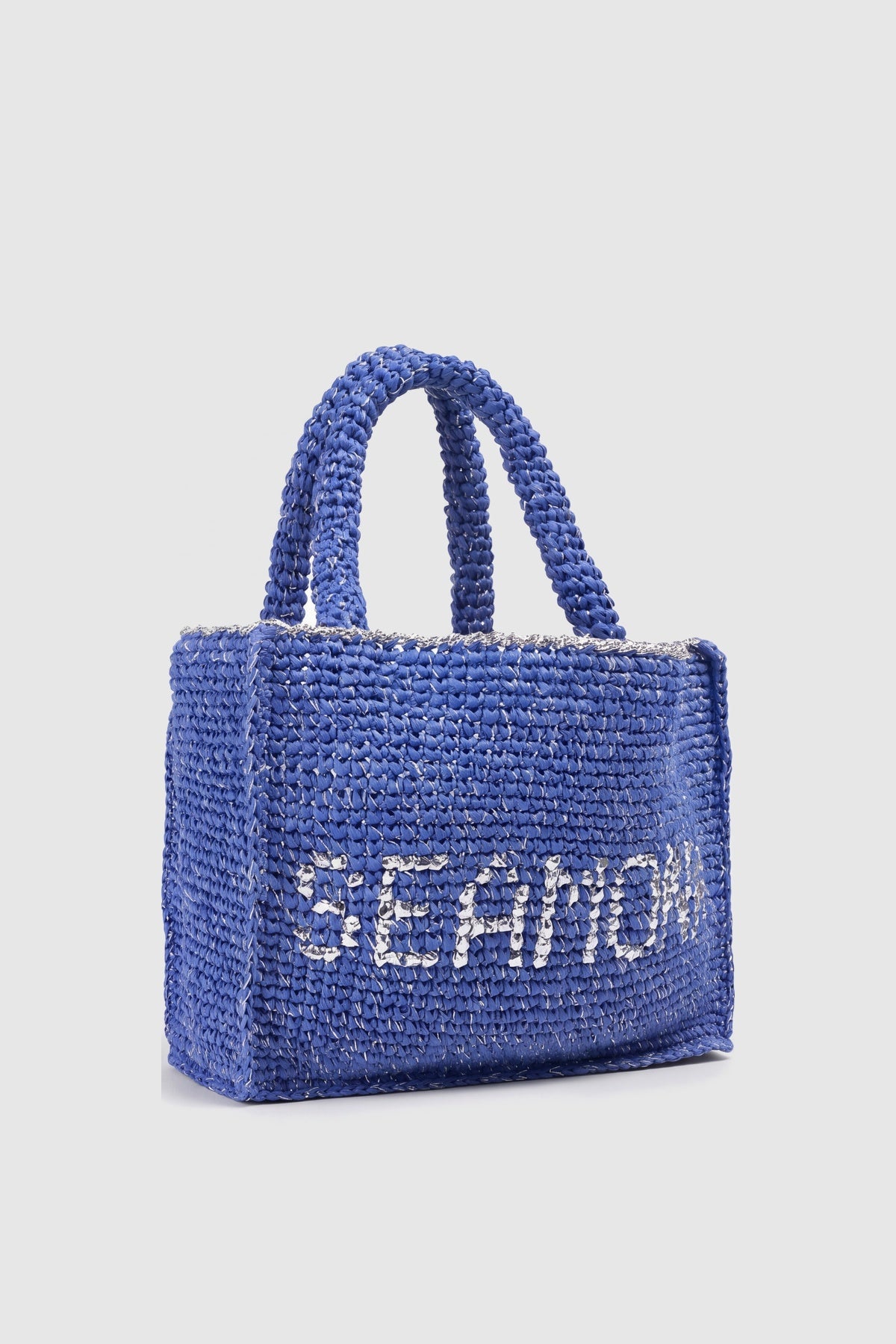 Handmade marine blue woven daily bag with Seamona logo, view 3