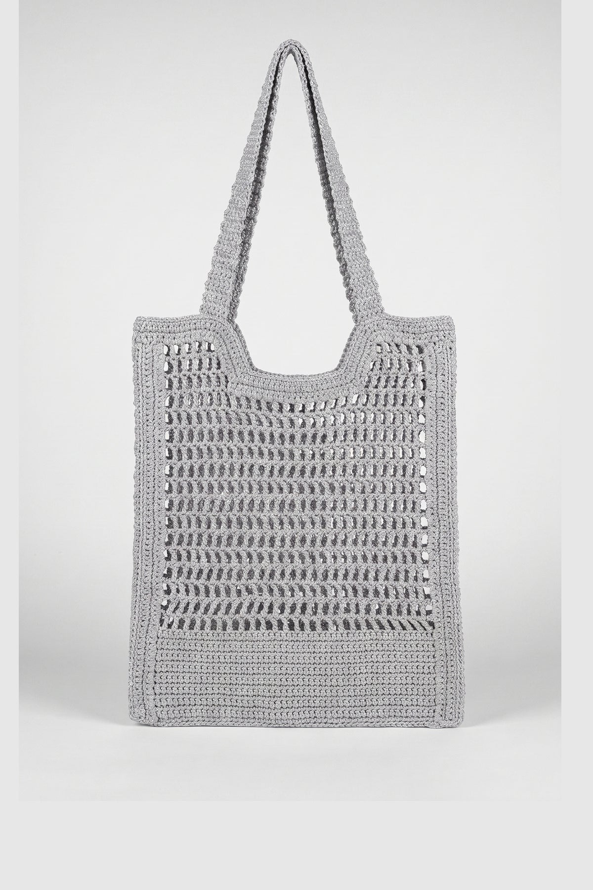 Handmade silver metallic crochet daily bag, front view
