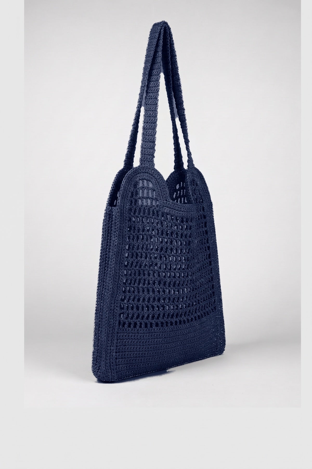 Handmade navy metallic crochet daily bag, view 4