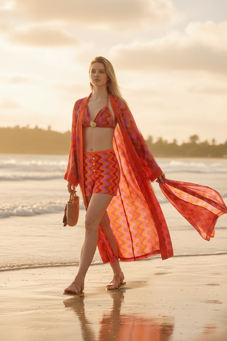 Coral Candy wave print kimono, crop top and shorts set, view 3
