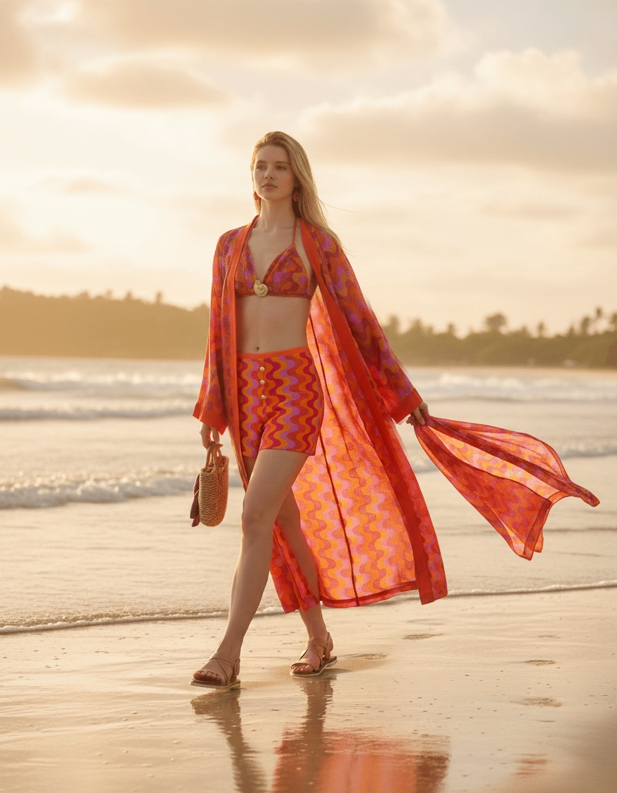 Coral Candy wave print kimono, crop top and shorts set, view 3