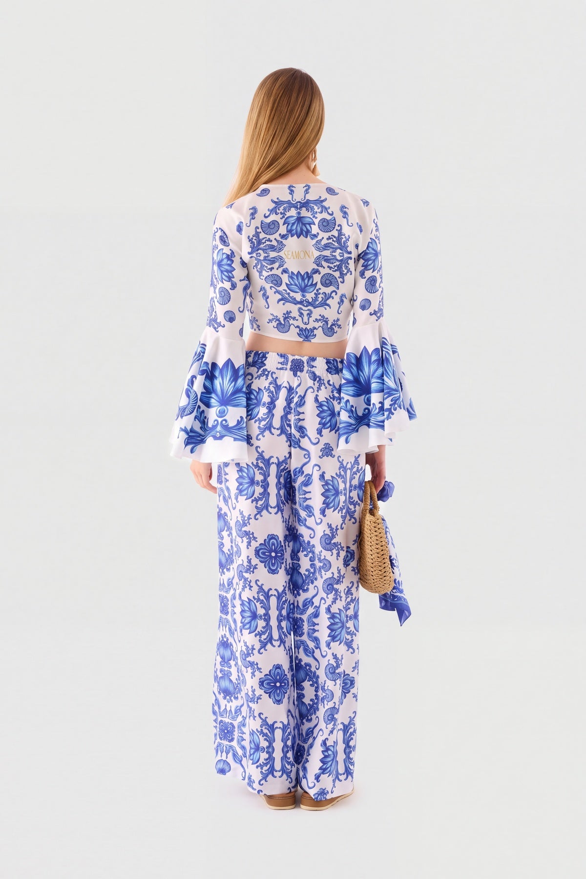 Blue Blanc Spanish style co-ord with bell sleeve crop top and wide-leg pants, view 6