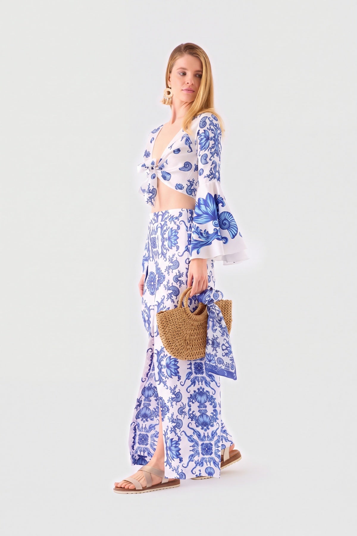 Blue Blanc Spanish style co-ord with bell sleeve crop top and wide-leg pants, view 4