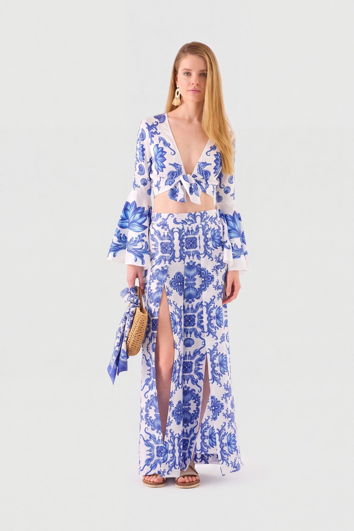 Blue Blanc Spanish style co-ord with bell sleeve crop top and wide-leg pants, view 3