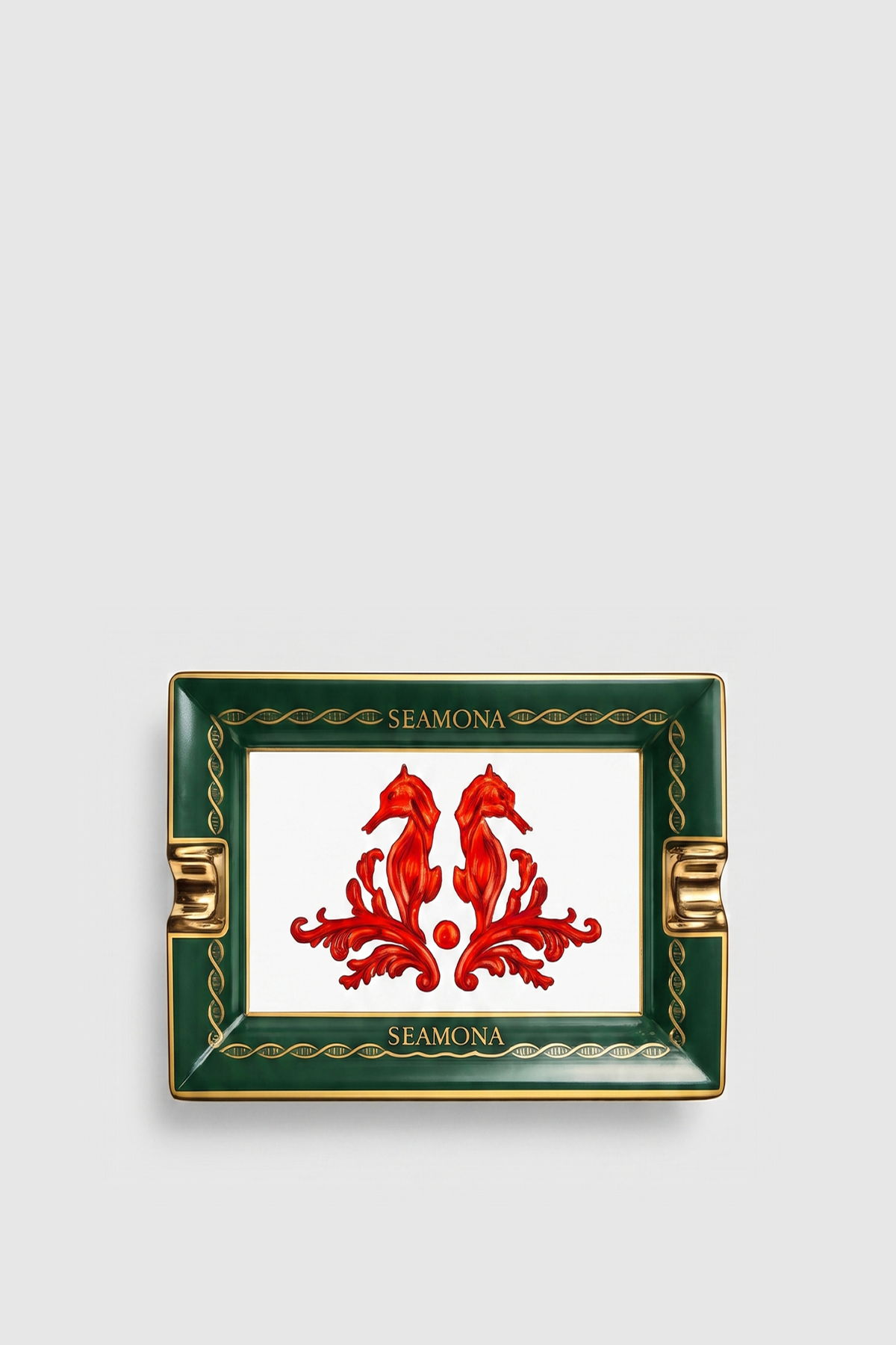 Fire Collection green porcelain cigar ashtray with gold rim, front view