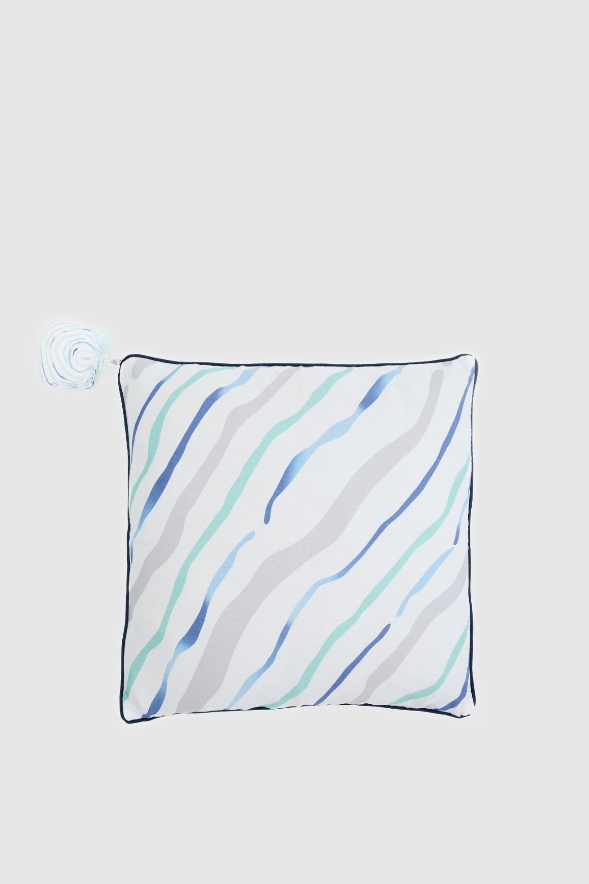 Angel white wave pillow 50x50 with blue and teal stripes, front view