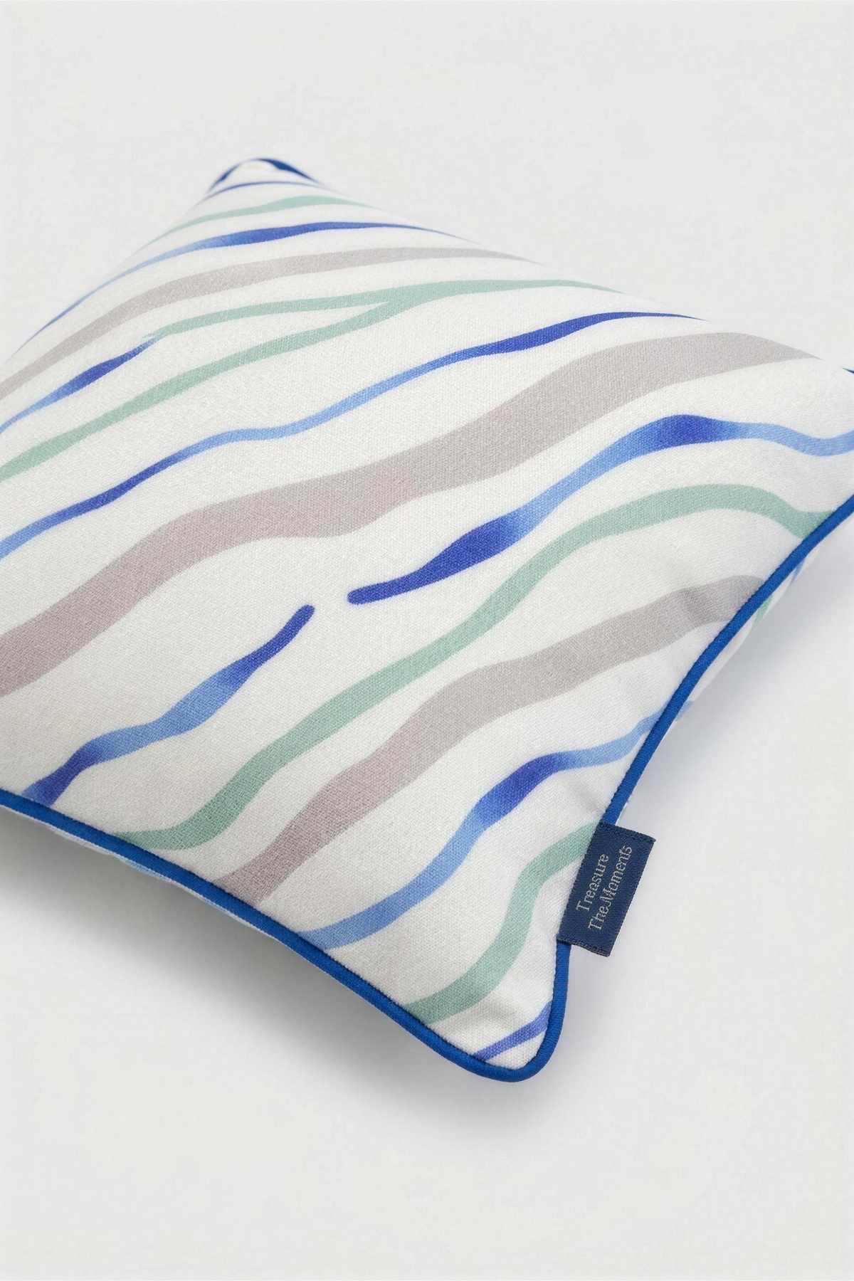Angel white wave pillow 50x50 with blue and teal stripes, view 2