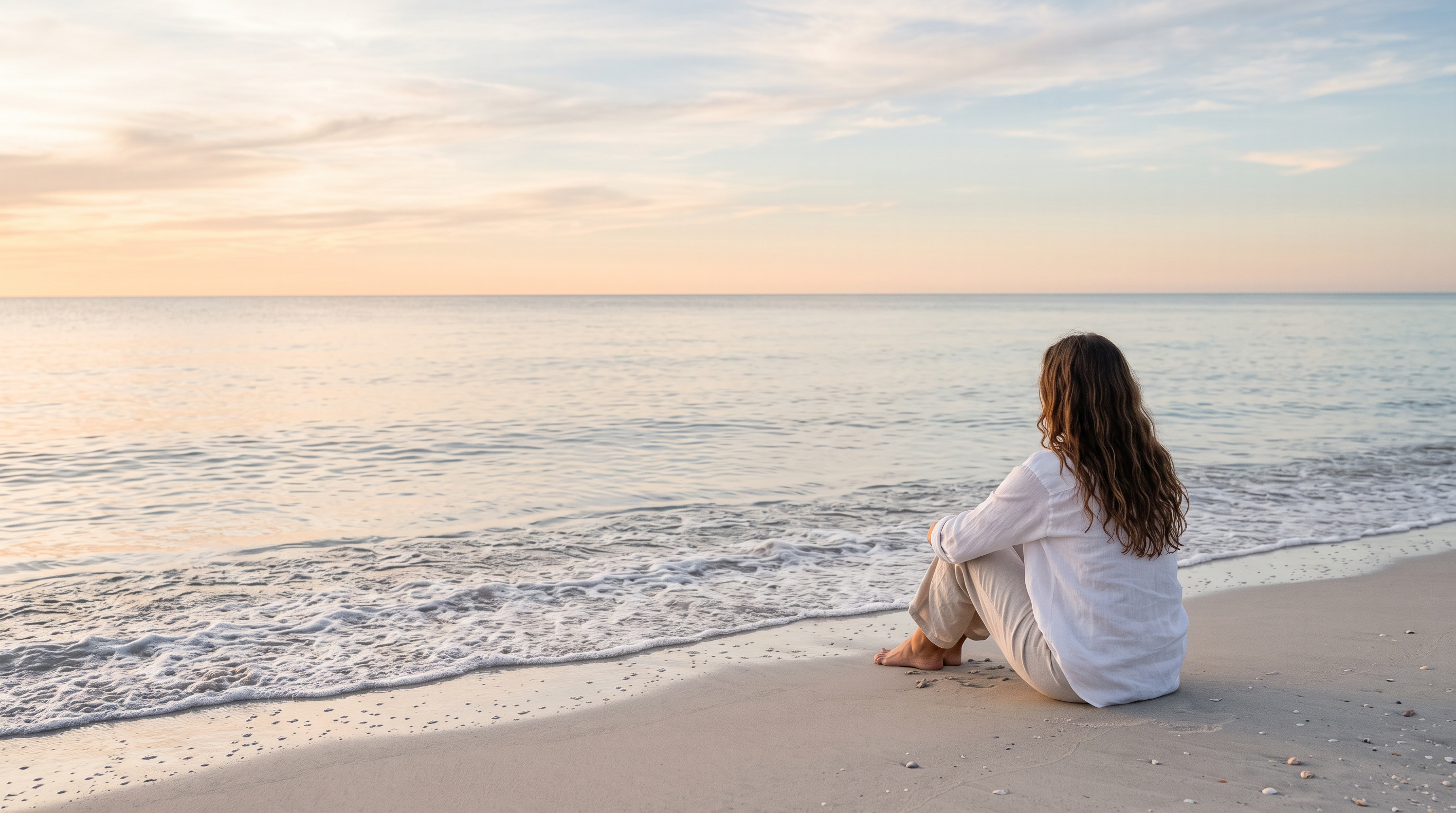 Woman in white linen sitting on the shore gazing at a calm sea at golden hour