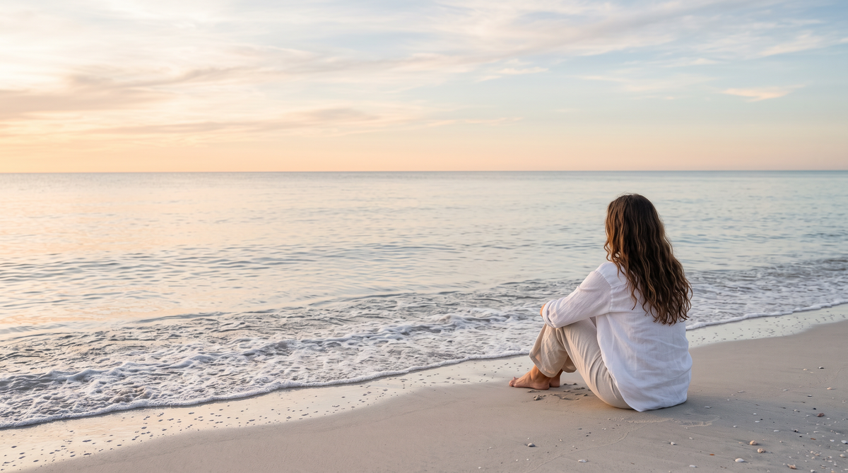 Woman in white linen sitting on the shore gazing at a calm sea at golden hour