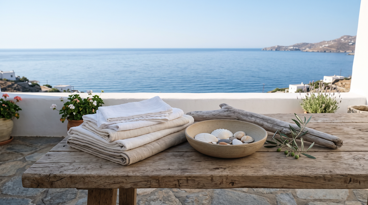 Natural linen textiles, seashells and driftwood on an oak table overlooking the Aegean Sea