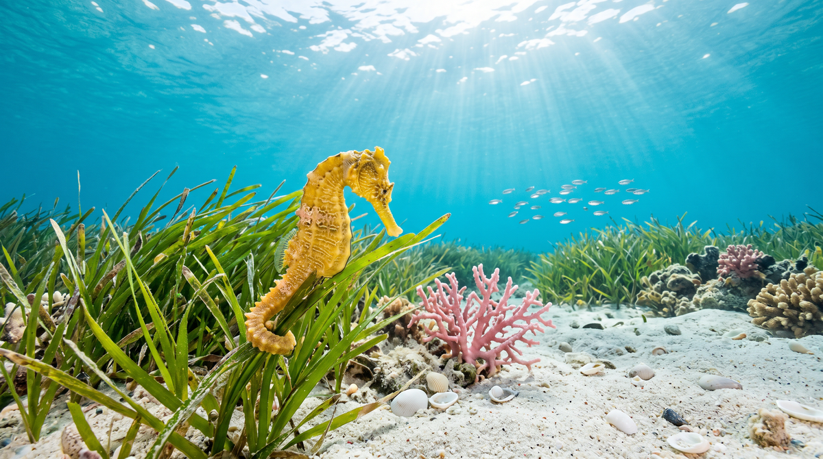 Golden seahorse among sea grass in clear turquoise Mediterranean water