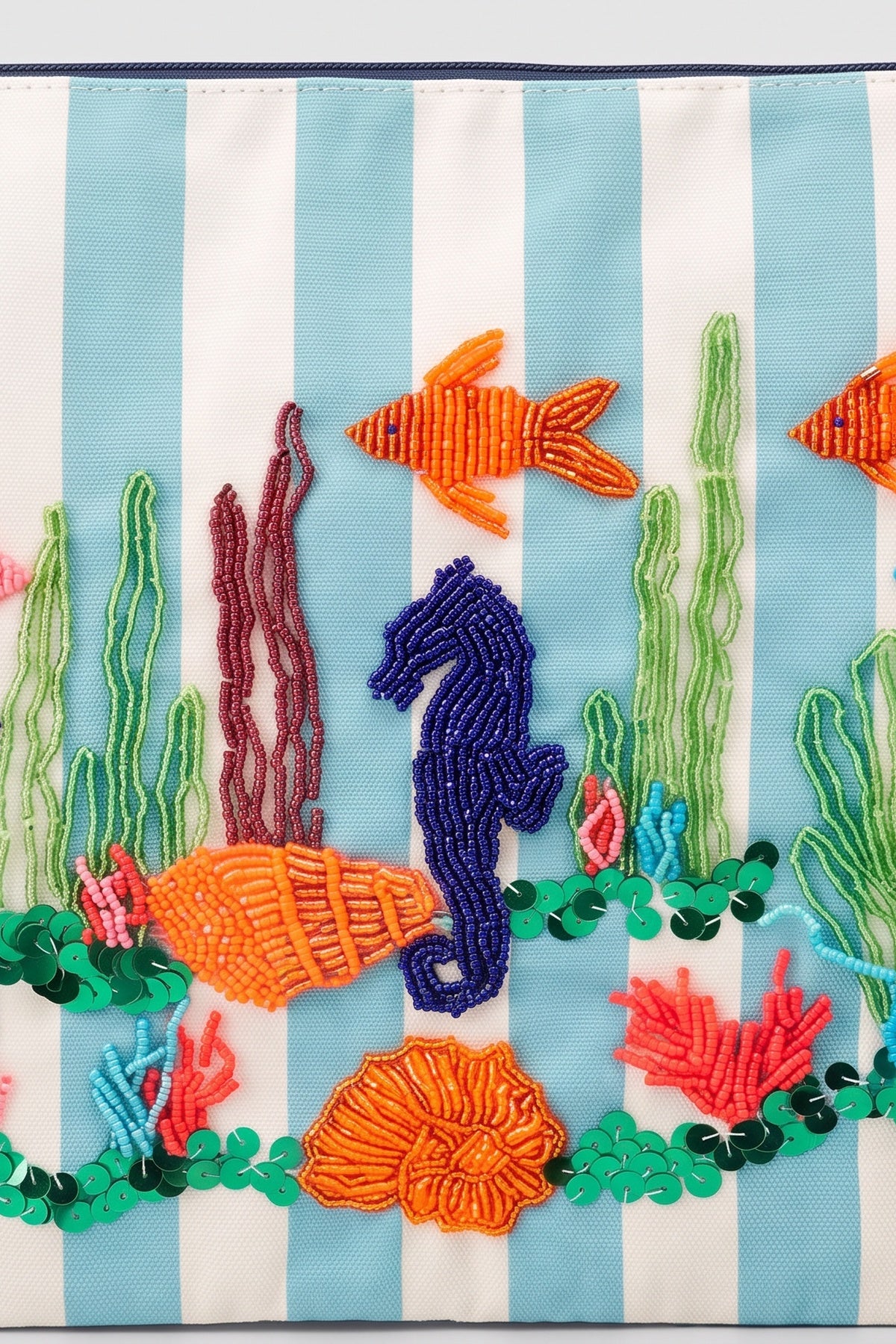 Natural Art Pieces turquoise striped clutch with punched tropical fish, view 6