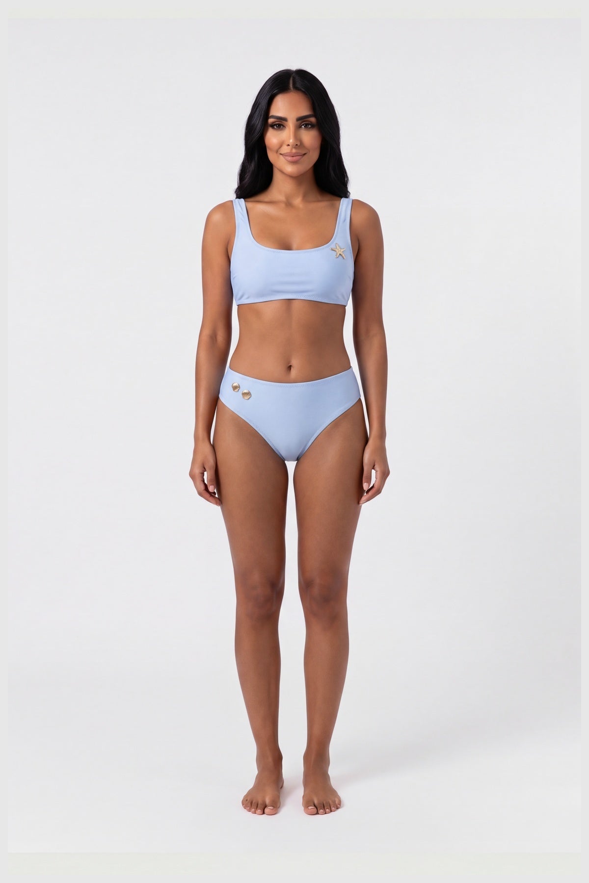 Blue Blanc shiny sky blue square neck bikini, front view