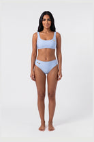 Blue Blanc shiny sky blue square neck bikini, front view