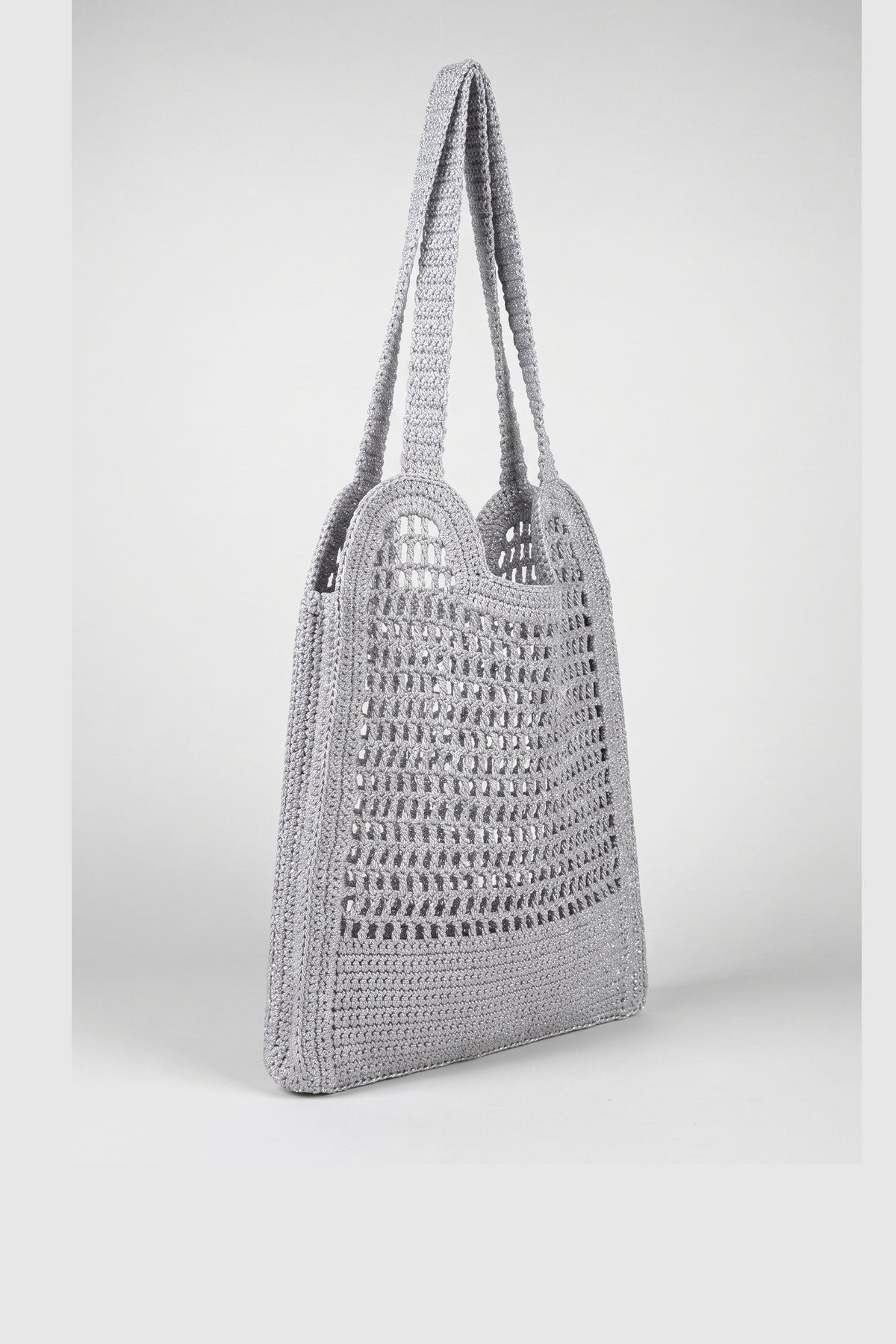 Handmade silver metallic crochet daily bag, view 4