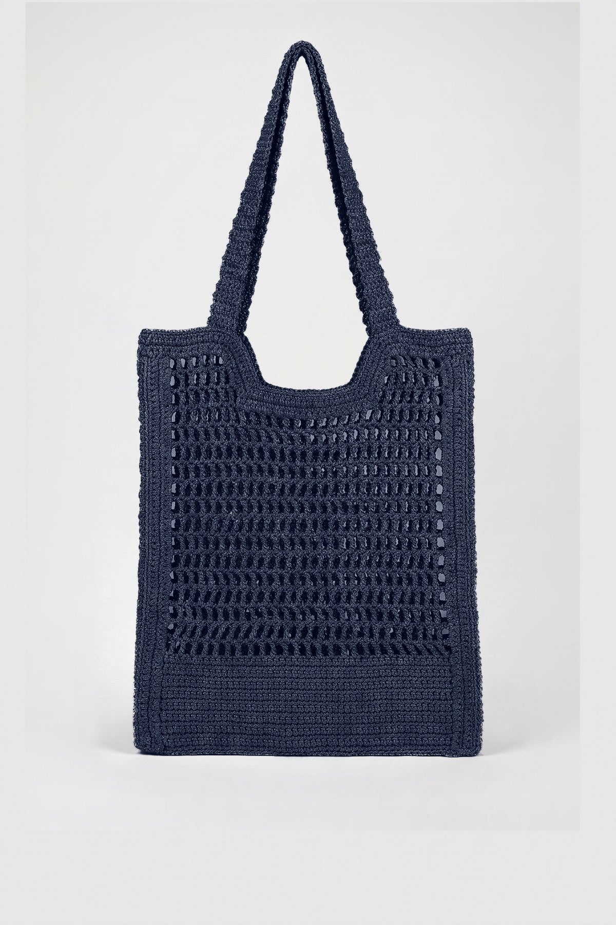 Handmade navy metallic crochet daily bag, front view