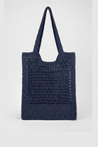 Handmade navy metallic crochet daily bag, front view